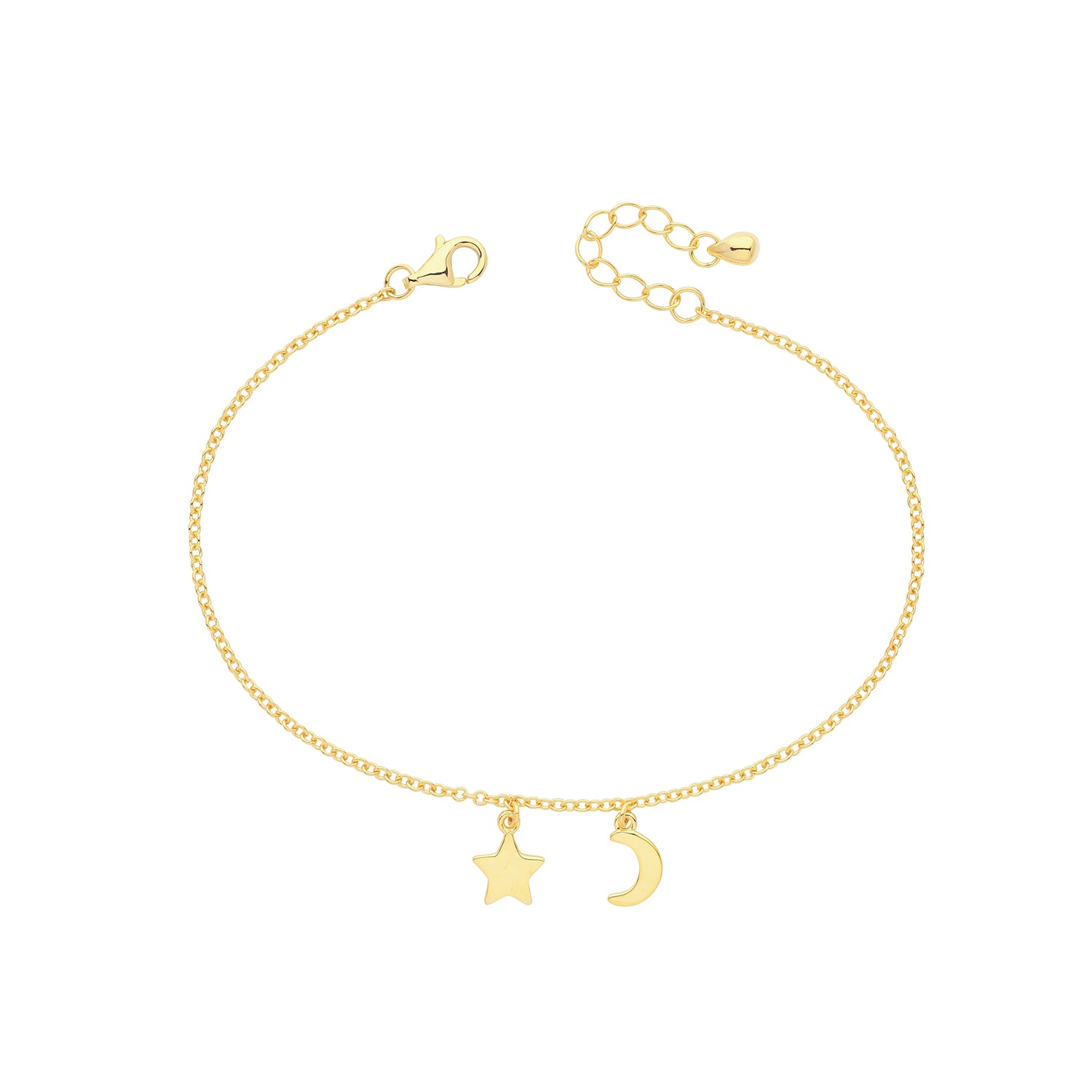 THC Sunshine Moon & Star Charm Bracelet with gold-tone charms on a delicate chain, featuring celestial designs.