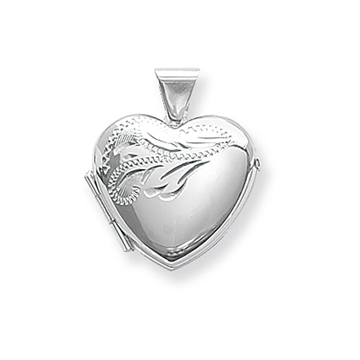 Silver hand-engraved heart locket necklace featuring intricate detailing, designed by THC for a timeless jewelry piece.