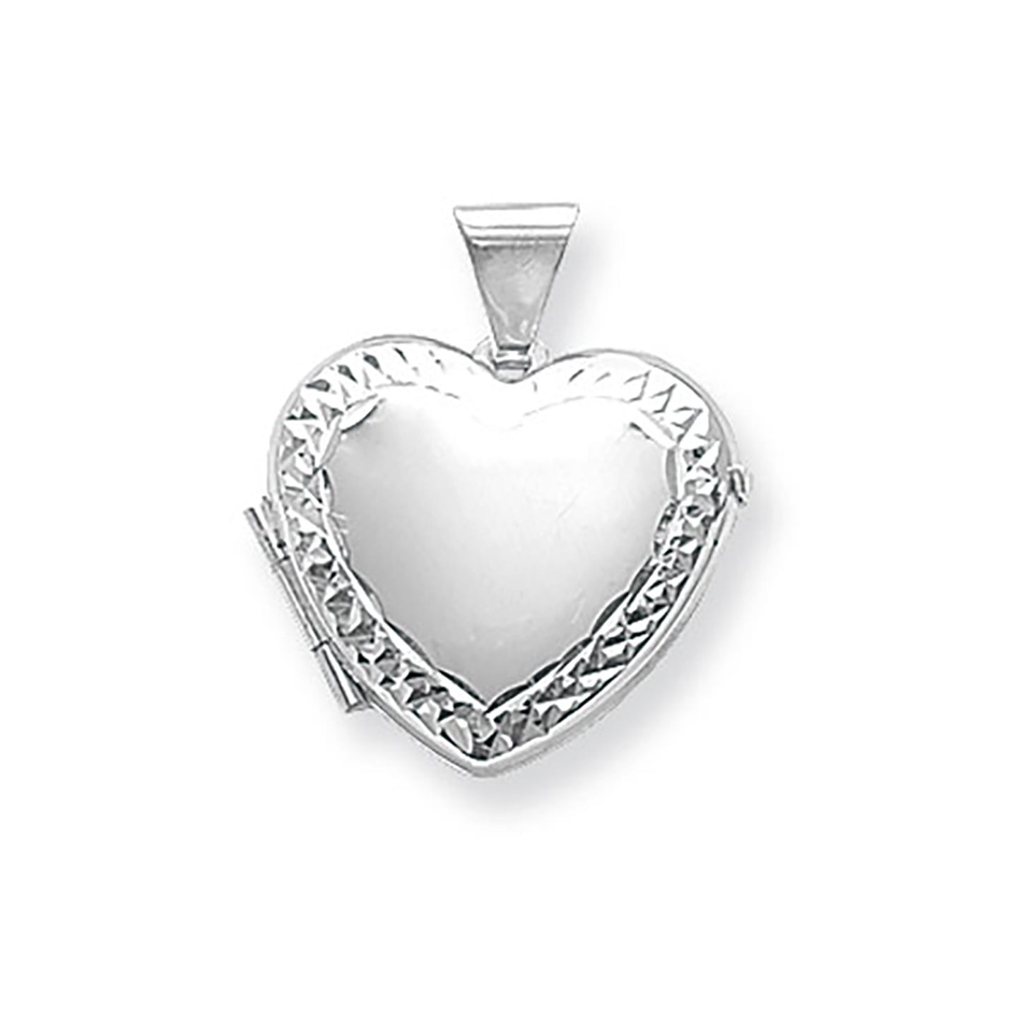 Silver diamond cut border heart locket necklace by THC showcasing a detailed, elegant heart-shaped pendant on a chain.