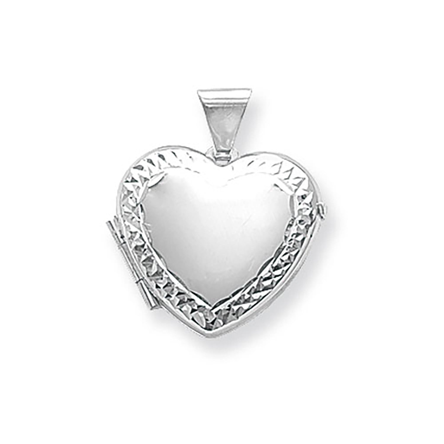 Silver diamond cut border heart locket necklace by THC showcasing a detailed, elegant heart-shaped pendant on a chain.