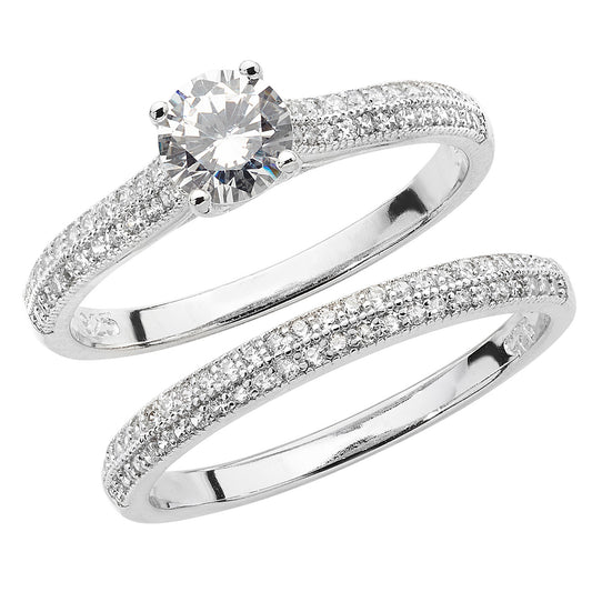 Silver CZ Solitaire Bridal Ring Set