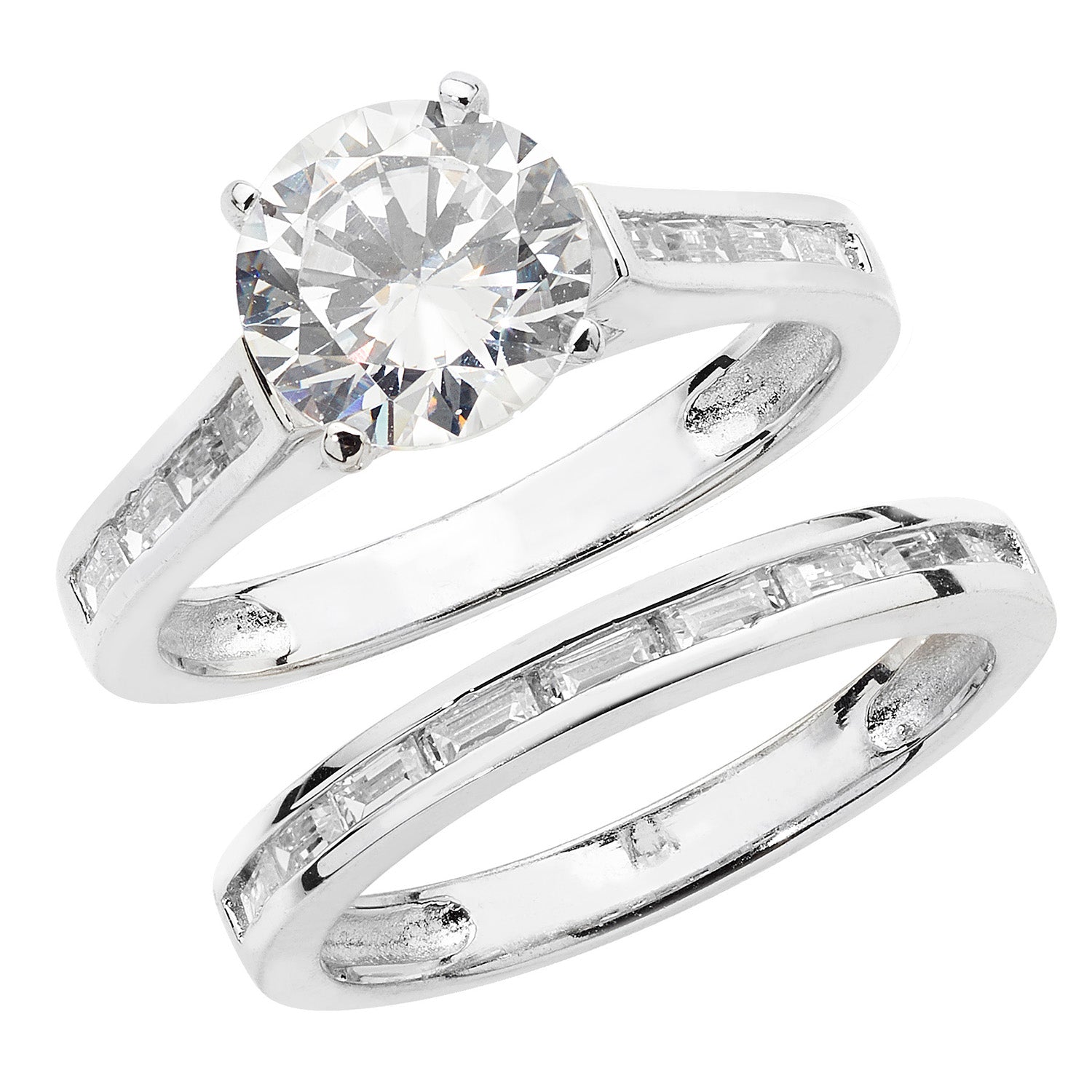Silver CZ Solitaire & Baguette Bridal Ring Set - John Ross Jewellers