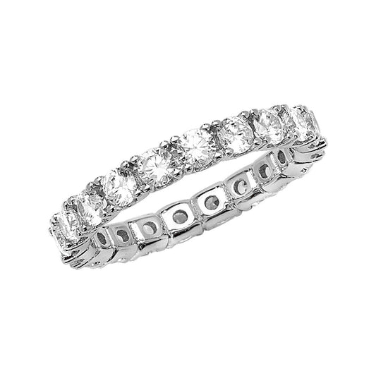 Silver CZ eternity band ring by THC with sparkling cubic zirconia stones, showcasing a continuous circle of dazzling jewelry.