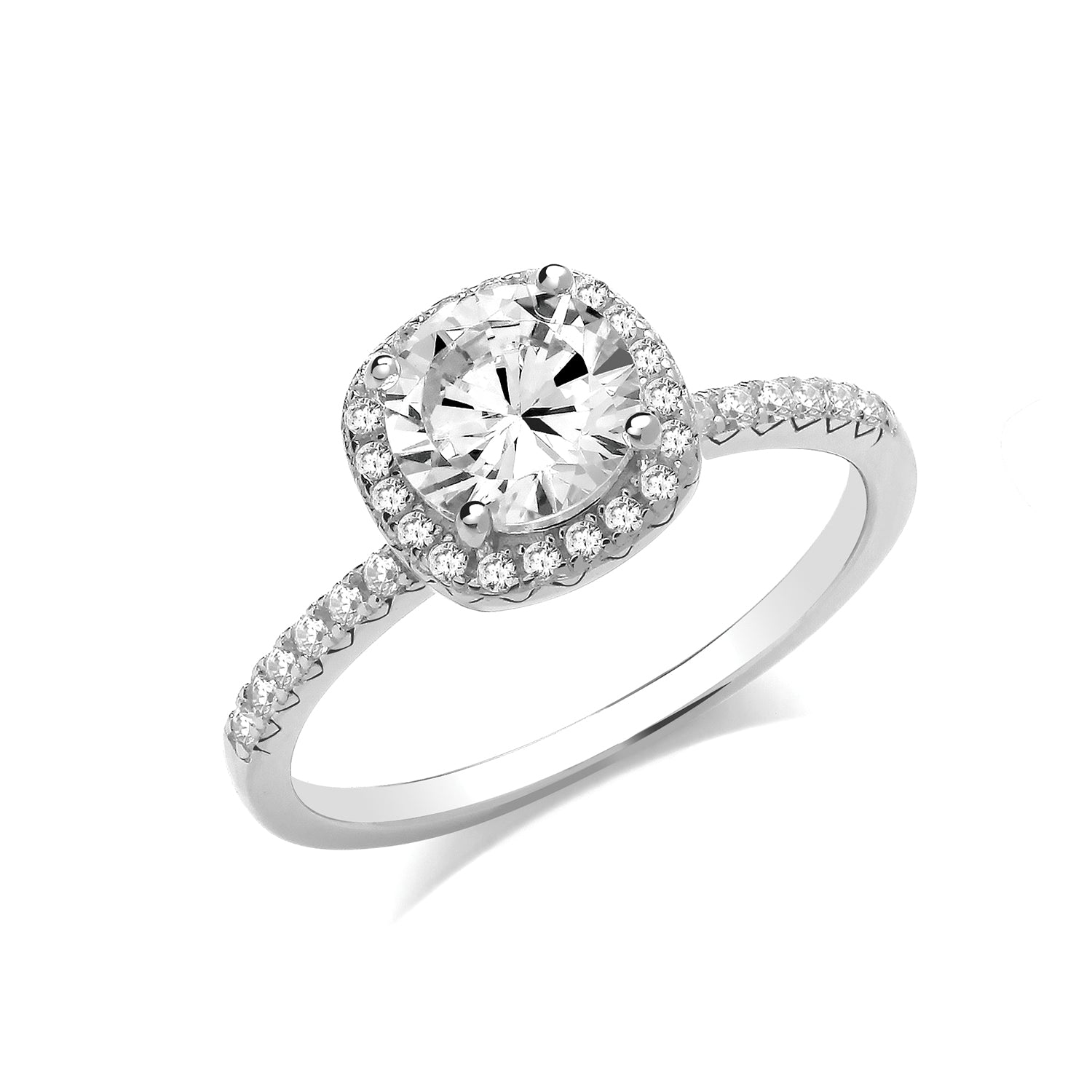 Silver cushion CZ ring by THC featuring a large central cubic zirconia stone and intricate band design.