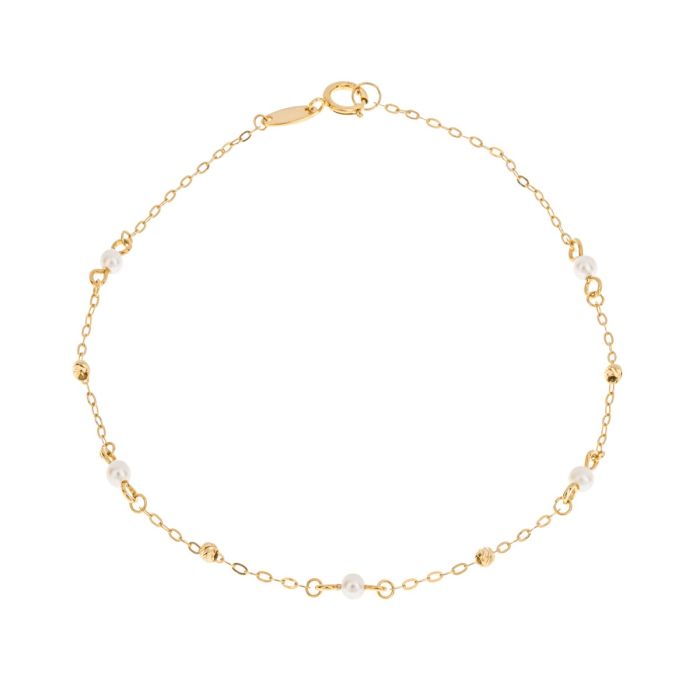 9ct Gold Freshwater Pearl & Diamond Cut Bead Station Bracelet - John Ross Jewellers
