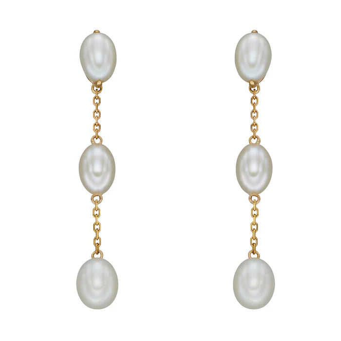 9ct gold freshwater pearl drop earrings by Gecko featuring elegant pearl chain design and secure hook fastening.