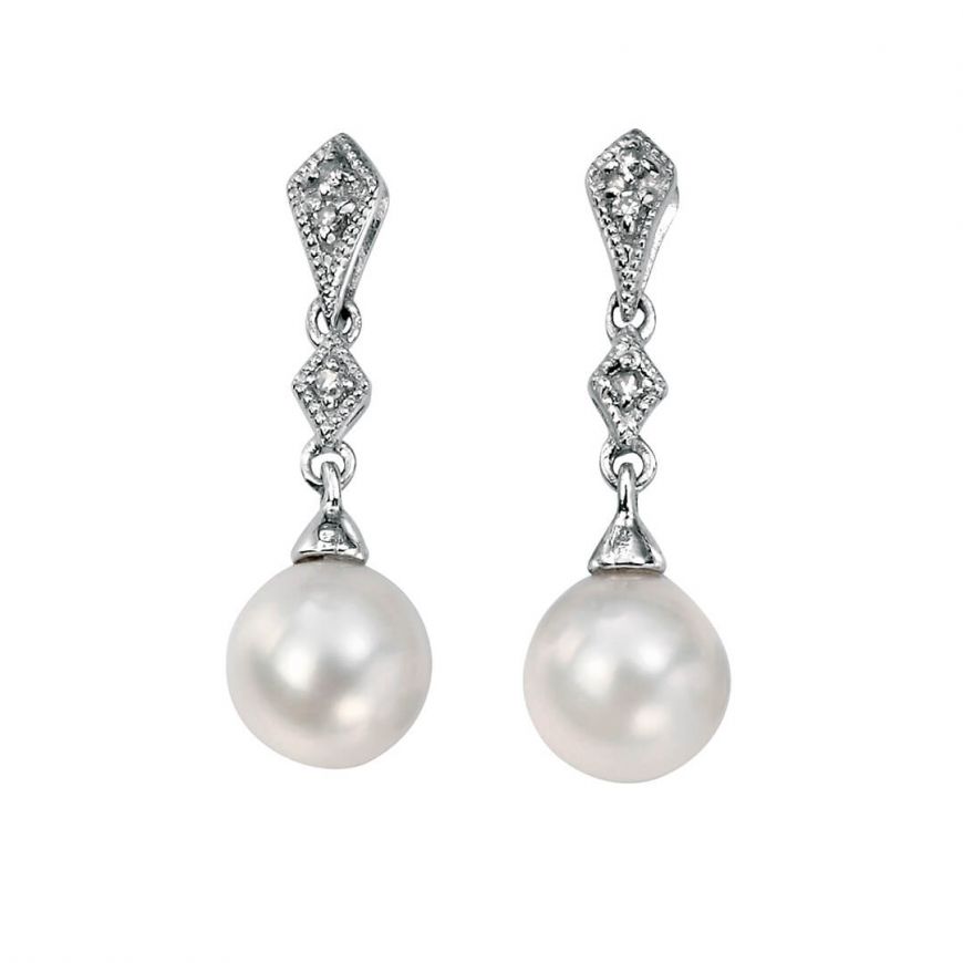 9ct White Gold Fresh Water Pearl & Diamond Drop Earrings - John Ross Jewellers