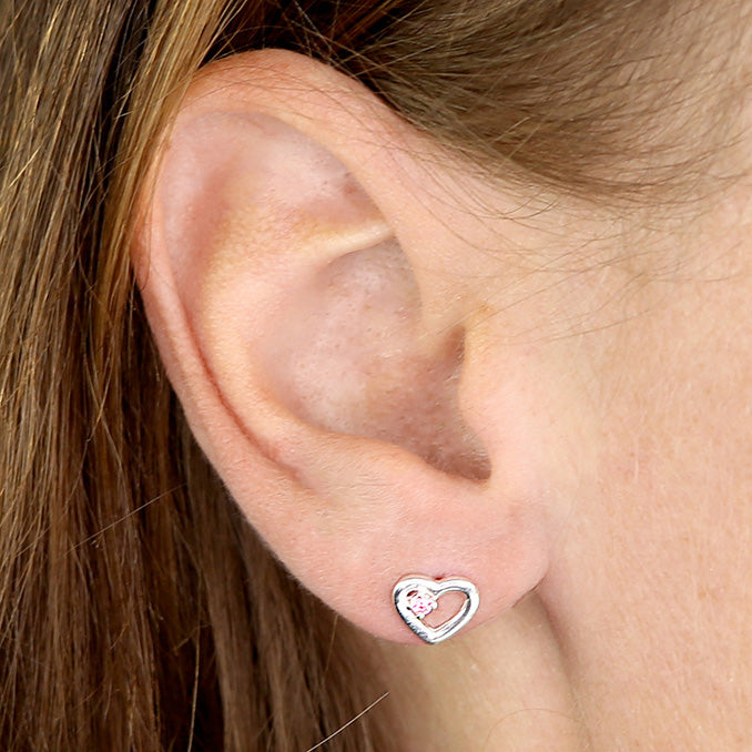 Silver Pink CZ Open Heart Stud Earrings - John Ross Jewellers