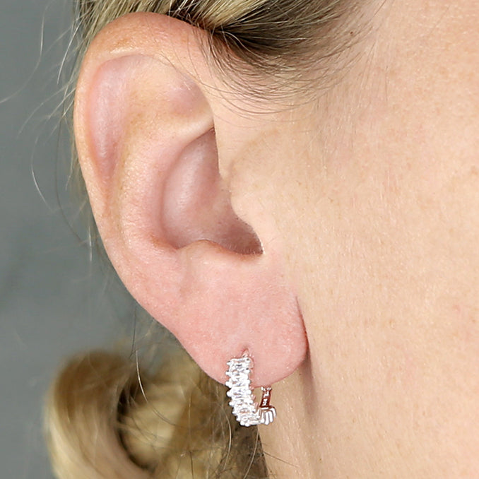 Silver CZ Baguette Huggie Hoop Earrings