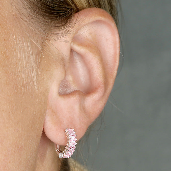 Silver Pink CZ Baguette Huggie Hoop Earrings - John Ross Jewellers