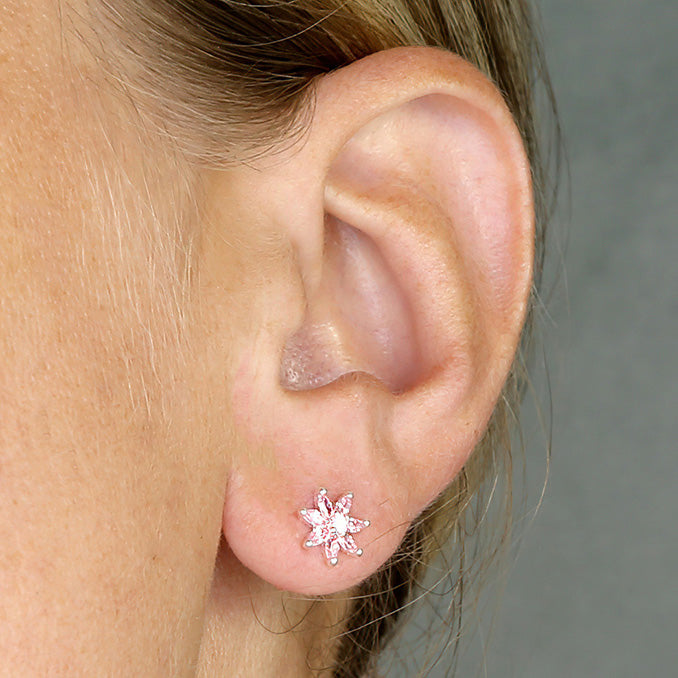 Silver Pink CZ Flower Stud Earrings - John Ross Jewellers