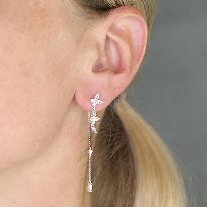 Silver CZ Butterfly Drop Earrings With Long Chain Drop Back - John Ross Jewellers