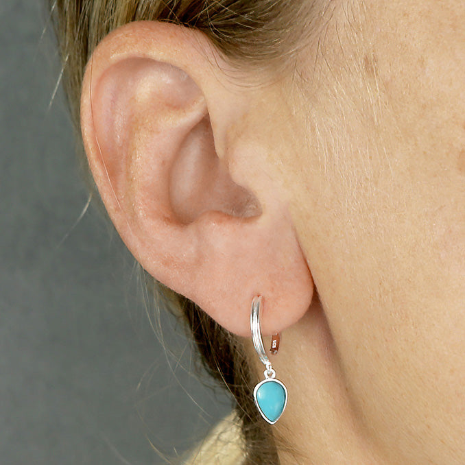 Silver Synthetic Turquoise Pear Charm Huggie Hoop Earrings | 13mm - John Ross Jewellers