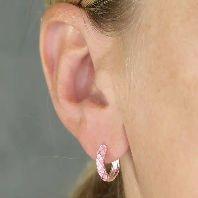 Silver Baby Pink Enamel Snakeskin Huggie Hoop Earrings | 14mm - John Ross Jewellers