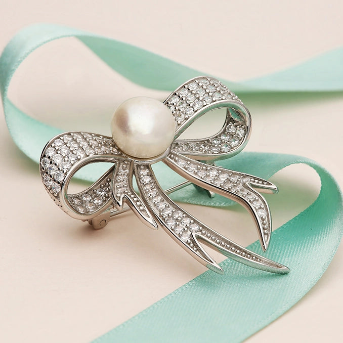 Silver Freshwater Pearl & CZ Bow Brooch