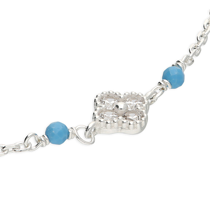 Silver Anklet - CZ Quatrefoil & Turquoise | 23-25cm