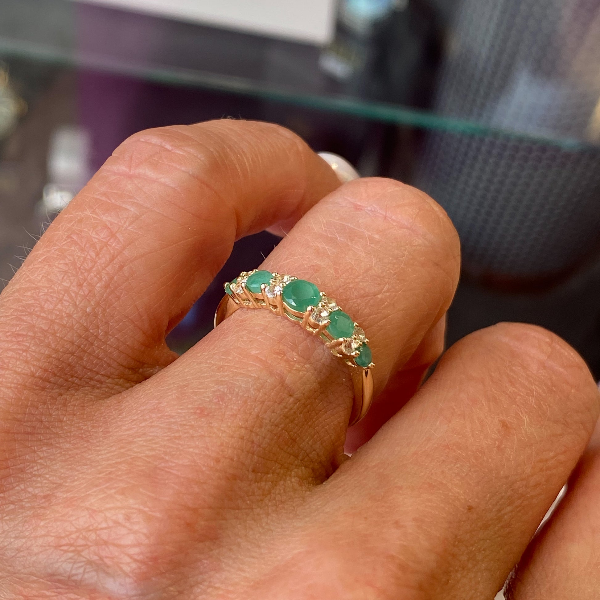 9ct Gold Graduated Eternity Ring - Emerald & White Topaz - John Ross Jewellers