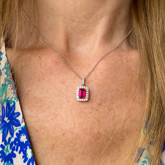 Silver Emerald Cut CZ Halo Necklace | Ruby Red - John Ross Jewellers