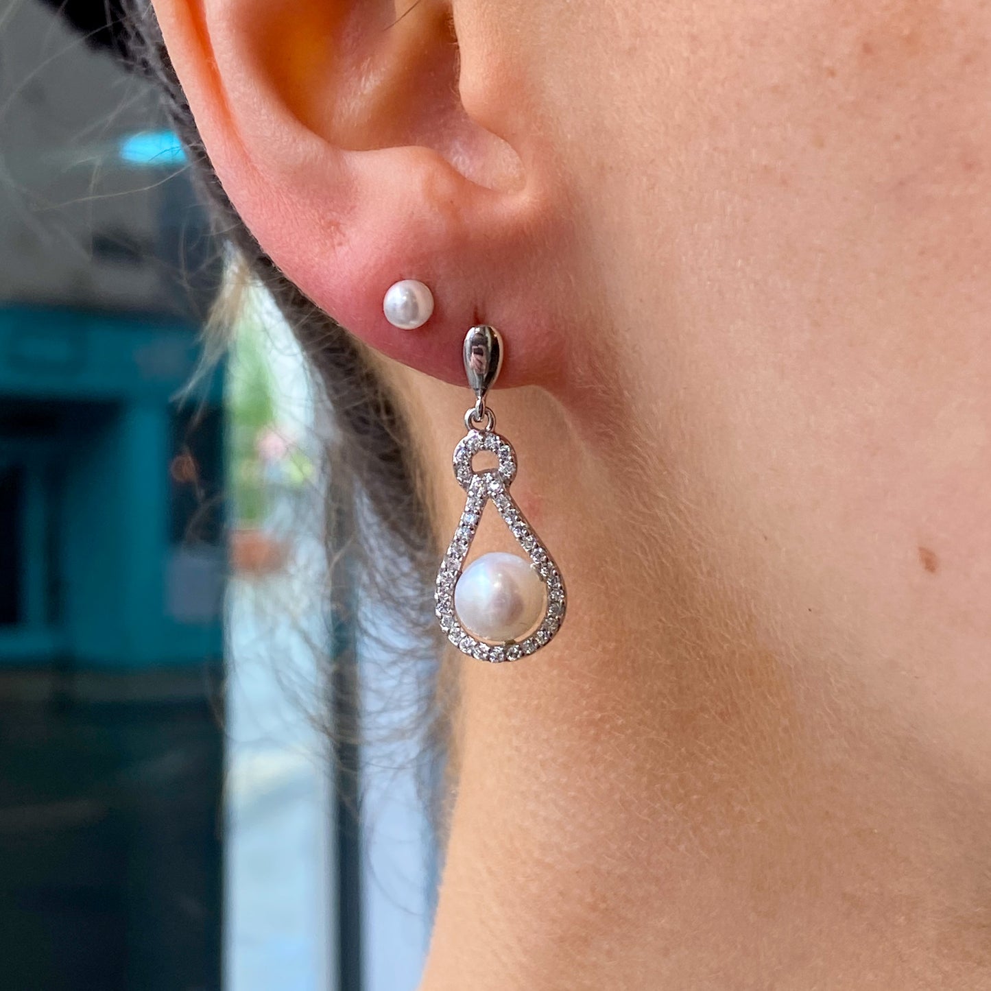 Silver Freshwater Pearl & CZ Tear Drop Earrings - John Ross Jewellers