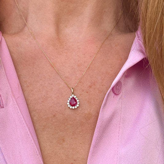 9ct Gold Created Ruby & CZ Pear Shaped Pendant Necklace - John Ross Jewellers