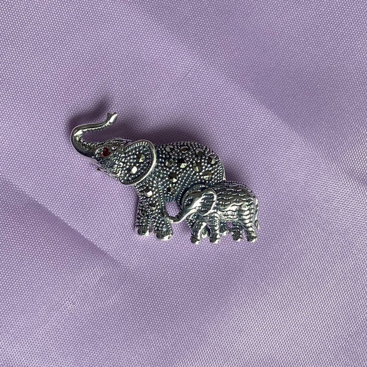 Silver Elephant Mommy & Baby Marcasite Brooch - John Ross Jewellers