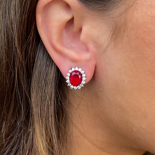 Silver Oval CZ Clip on Earrings | Ruby Red - John Ross Jewellers