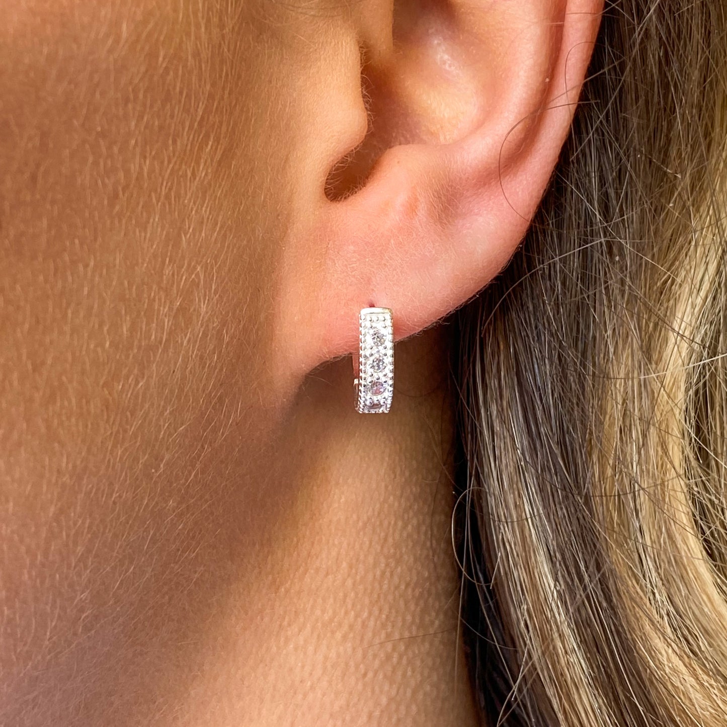 Silver Millgrain CZ Huggie Hoop Earrings - John Ross Jewellers