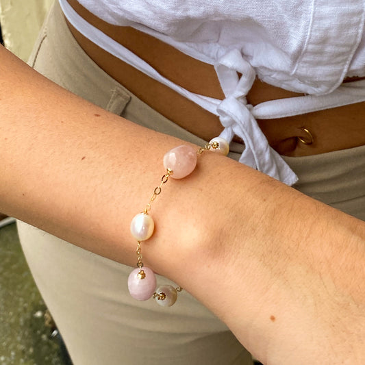 18ct Gold Morganite & Freshwater Pearl Bracelet - John Ross Jewellers