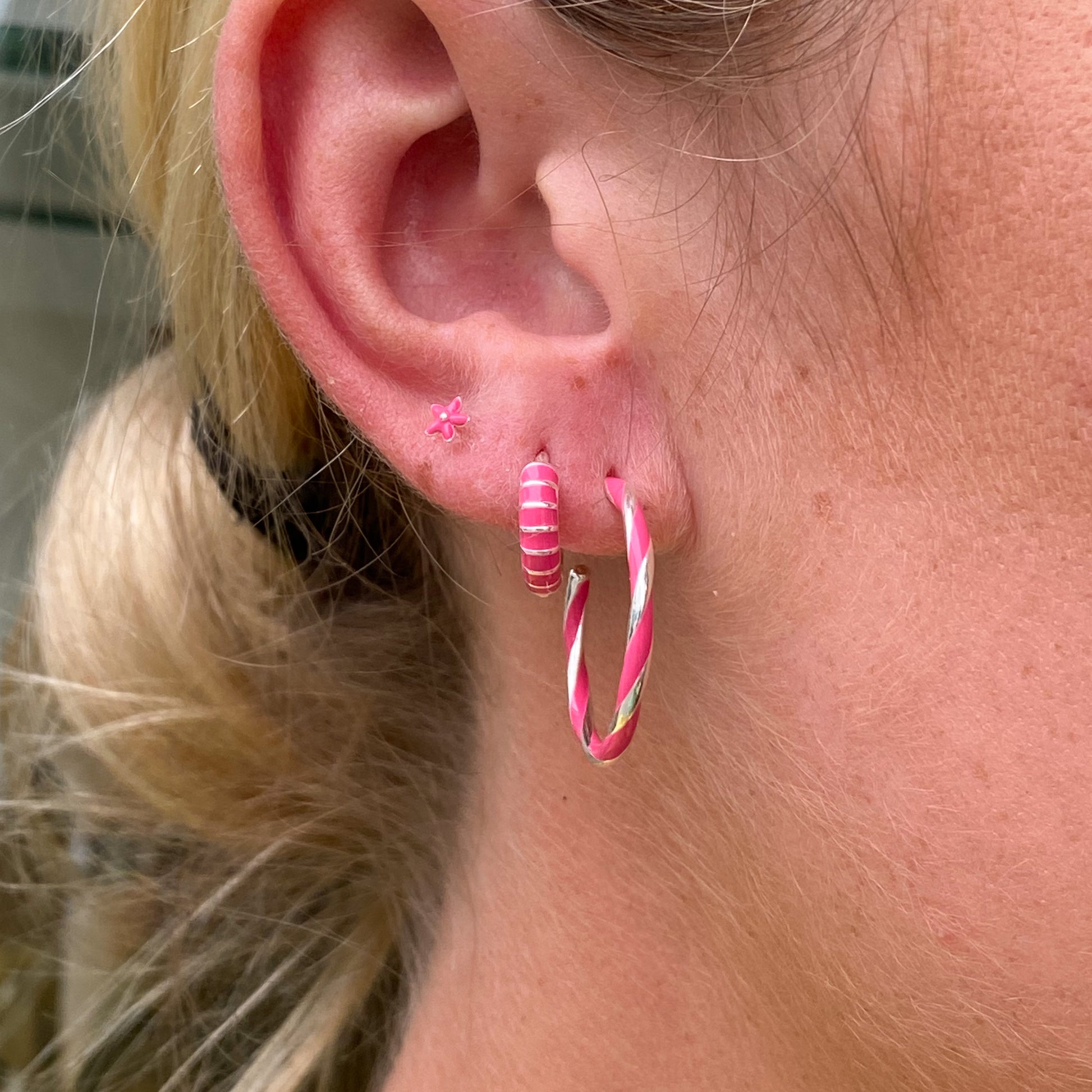 Silver Hot Pink Enamel Twist Hoop Earrings | 24mm - John Ross Jewellers