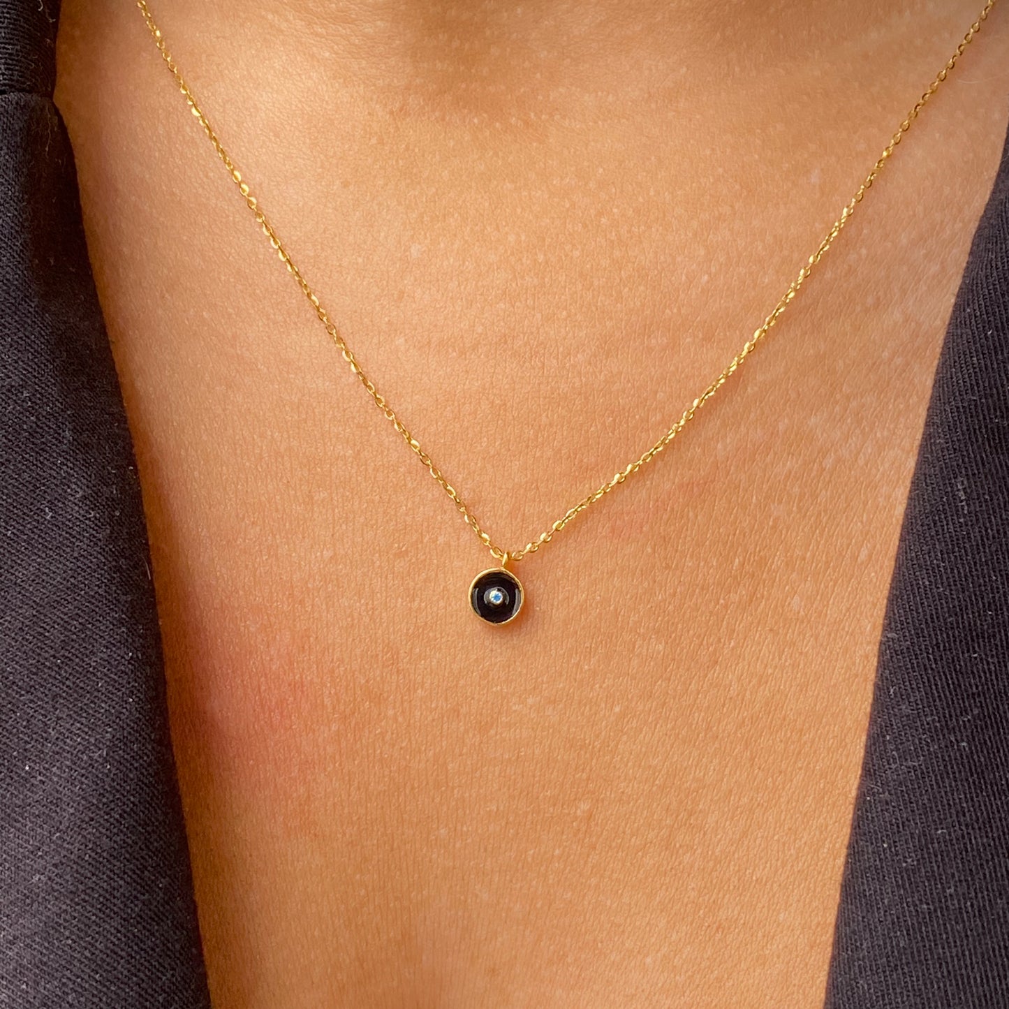 9ct Gold Darling CZ & Black Enamel Disc Necklace - John Ross Jewellers