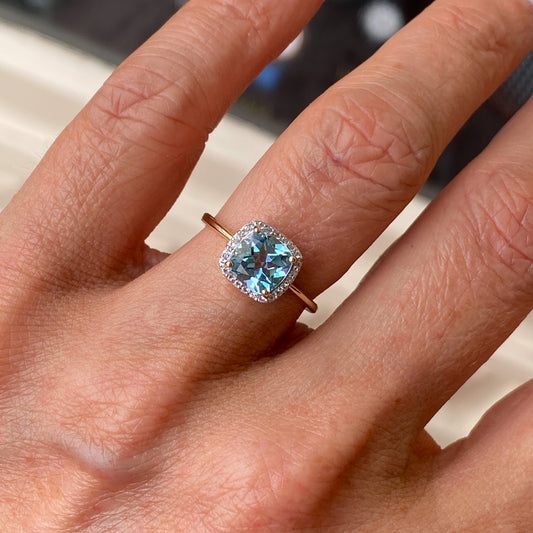 9ct Gold Cushion Cluster Ring - Blue Topaz & White Topaz - John Ross Jewellers