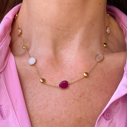 9ct Gold Rubellite, Rose Jade & White Jade Puffed Necklace - John Ross Jewellers