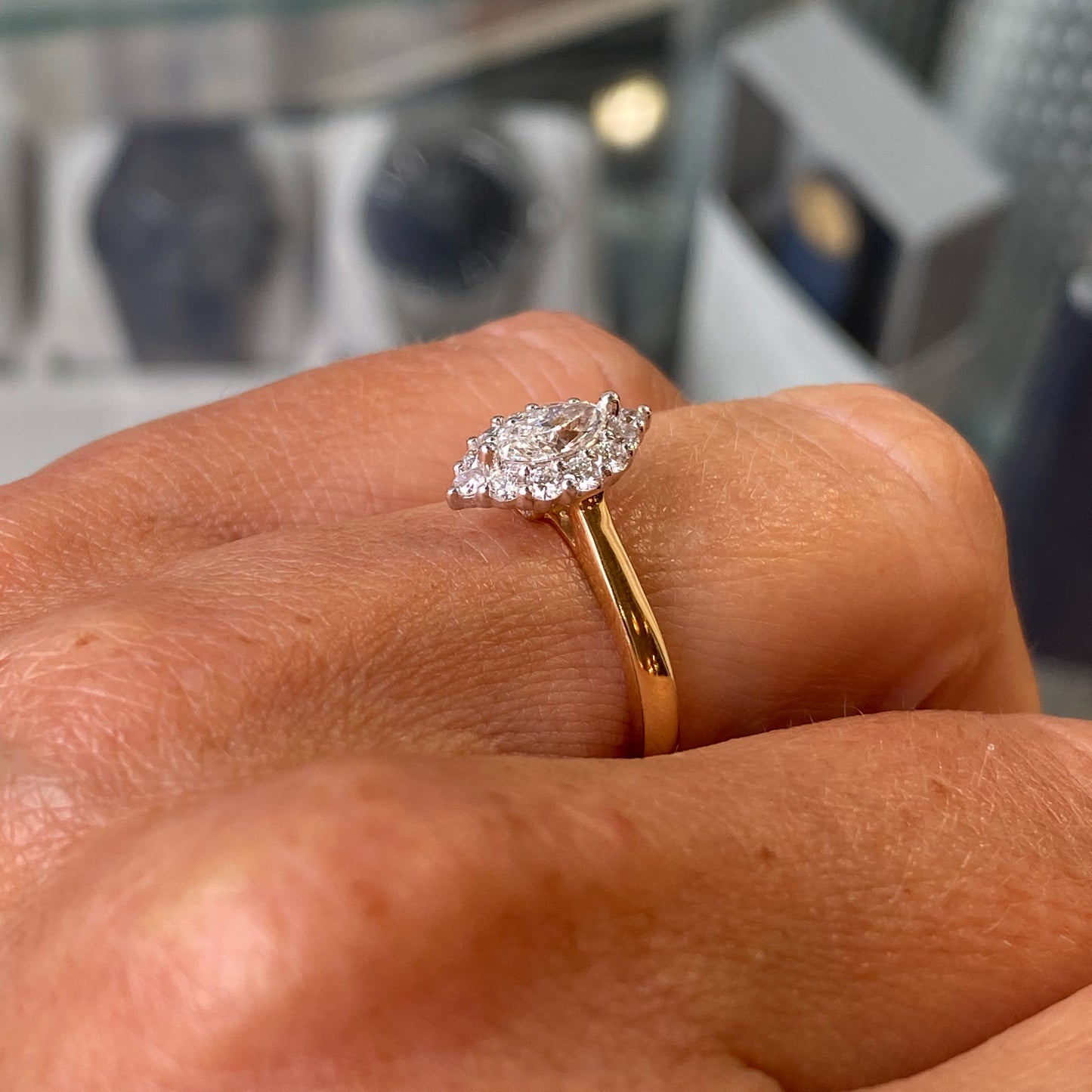 18ct Gold Marquise Halo Diamond Engagement Ring | Certificated - John Ross Jewellers