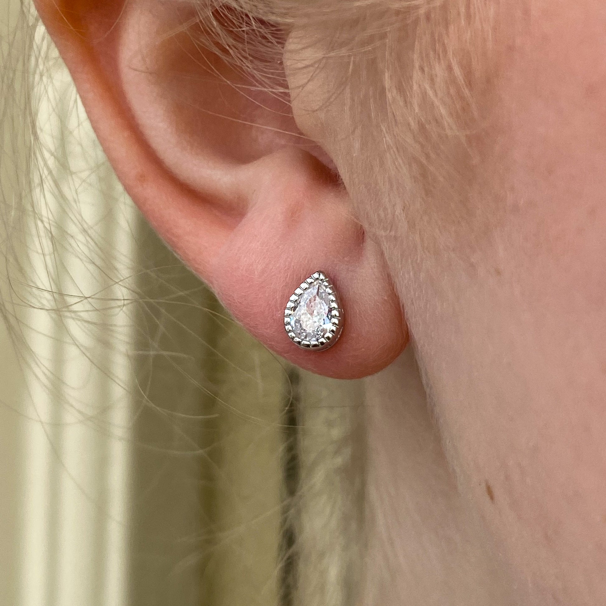 Silver CZ Millgrain Pear Stud Earrings - John Ross Jewellers