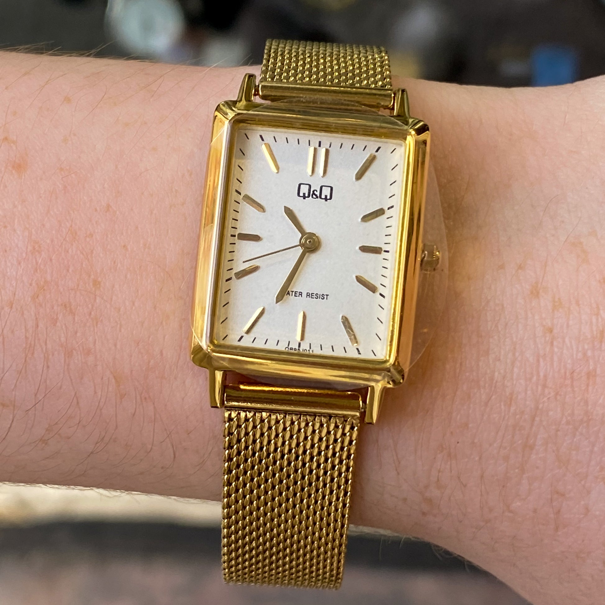 Q&Q Ladies Gold Rectangular Mesh Watch - John Ross Jewellers