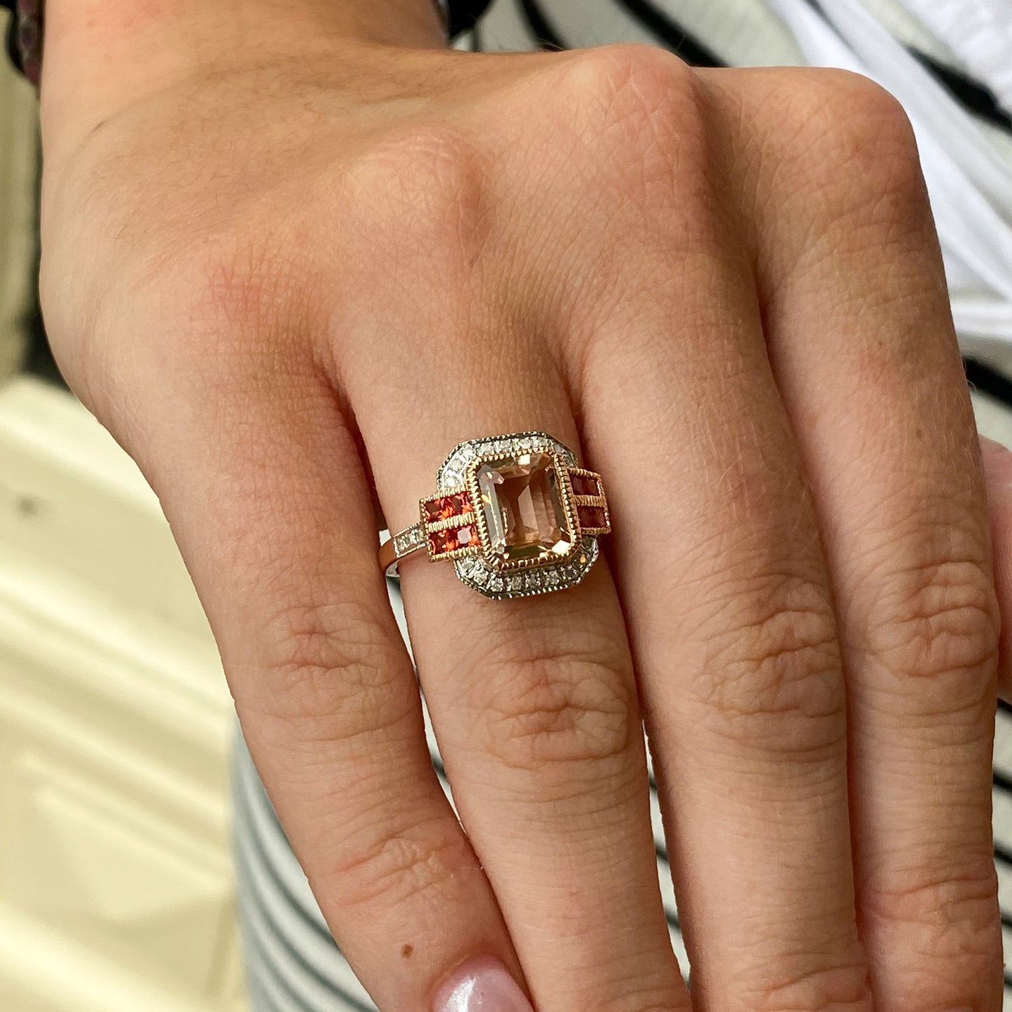 9ct Rose Gold Morganite, Orange Sapphire & Diamond Ring - John Ross Jewellers