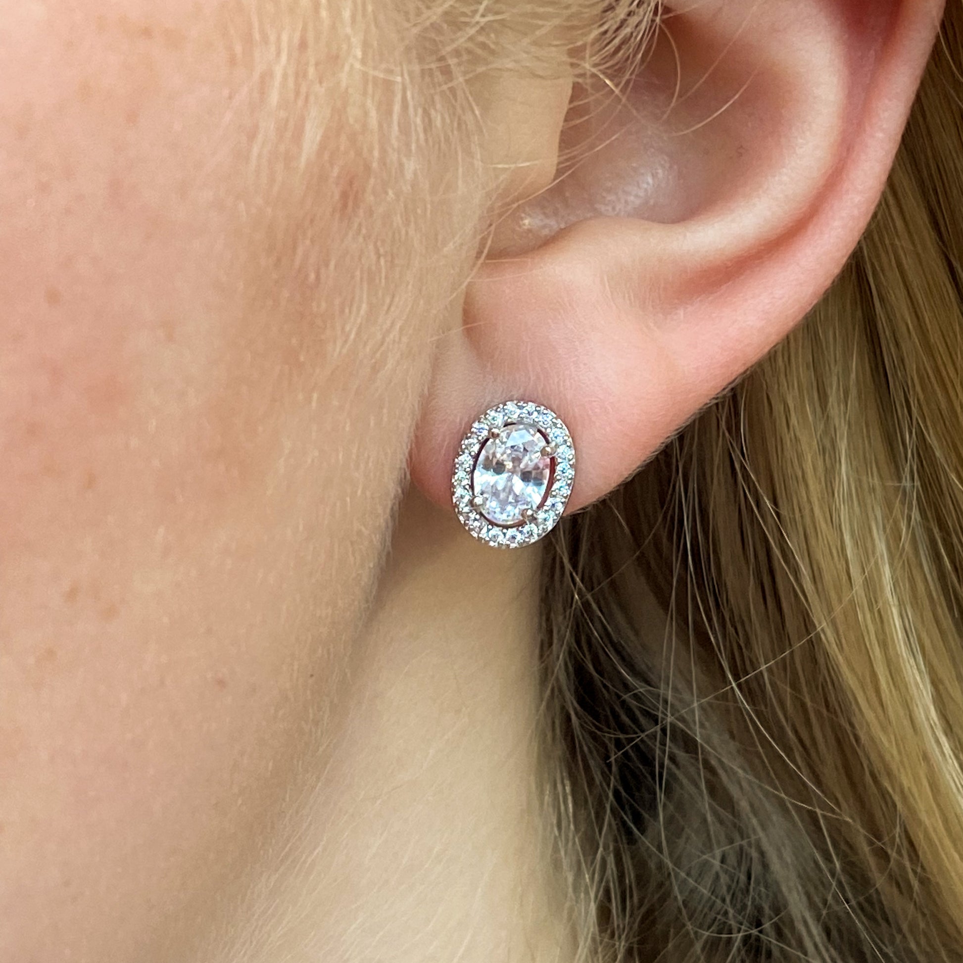 Silver Oval Cut CZ Halo Stud Earrings | 10mm x 8mm - John Ross Jewellers