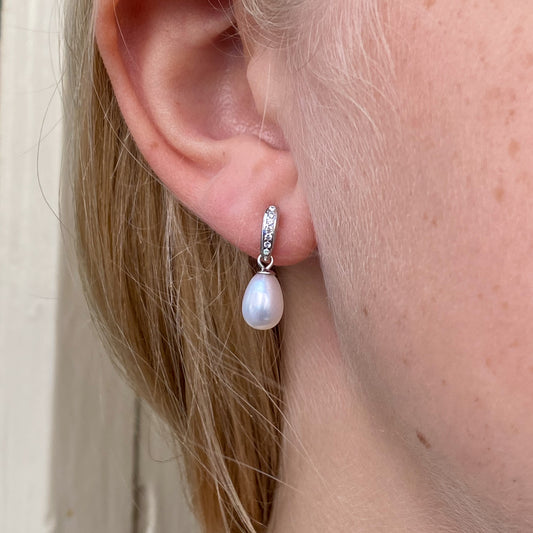 Silver Simple CZ Freshwater Pearl Drop Earrings - John Ross Jewellers