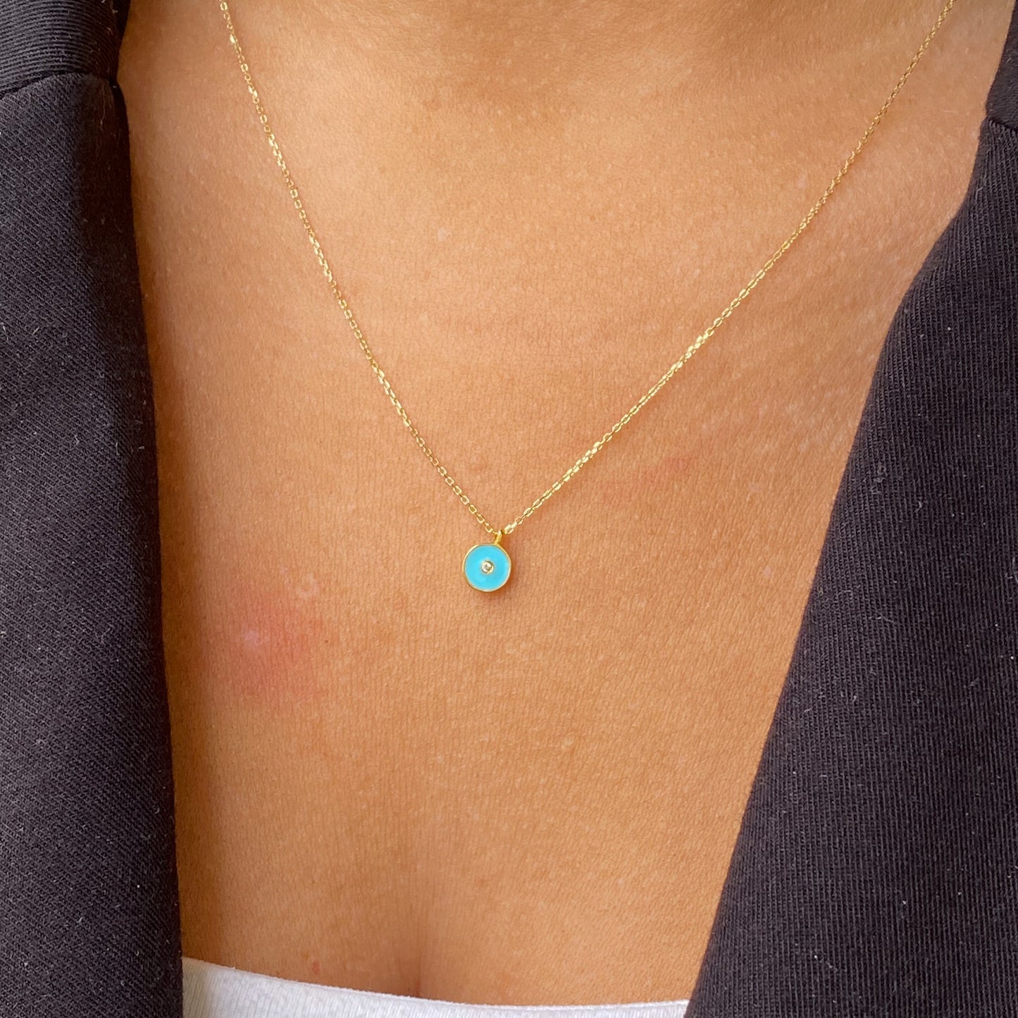 9ct Gold Darling CZ & Turquoise Enamel Disc Necklace - John Ross Jewellers