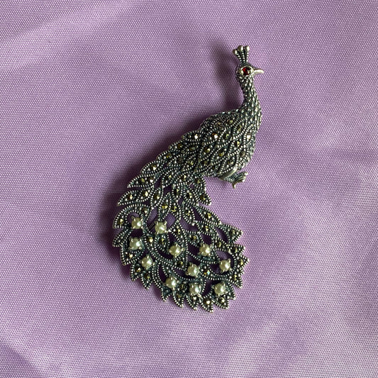 Silver Marcasite & Pearl Peacock Brooch - John Ross Jewellers