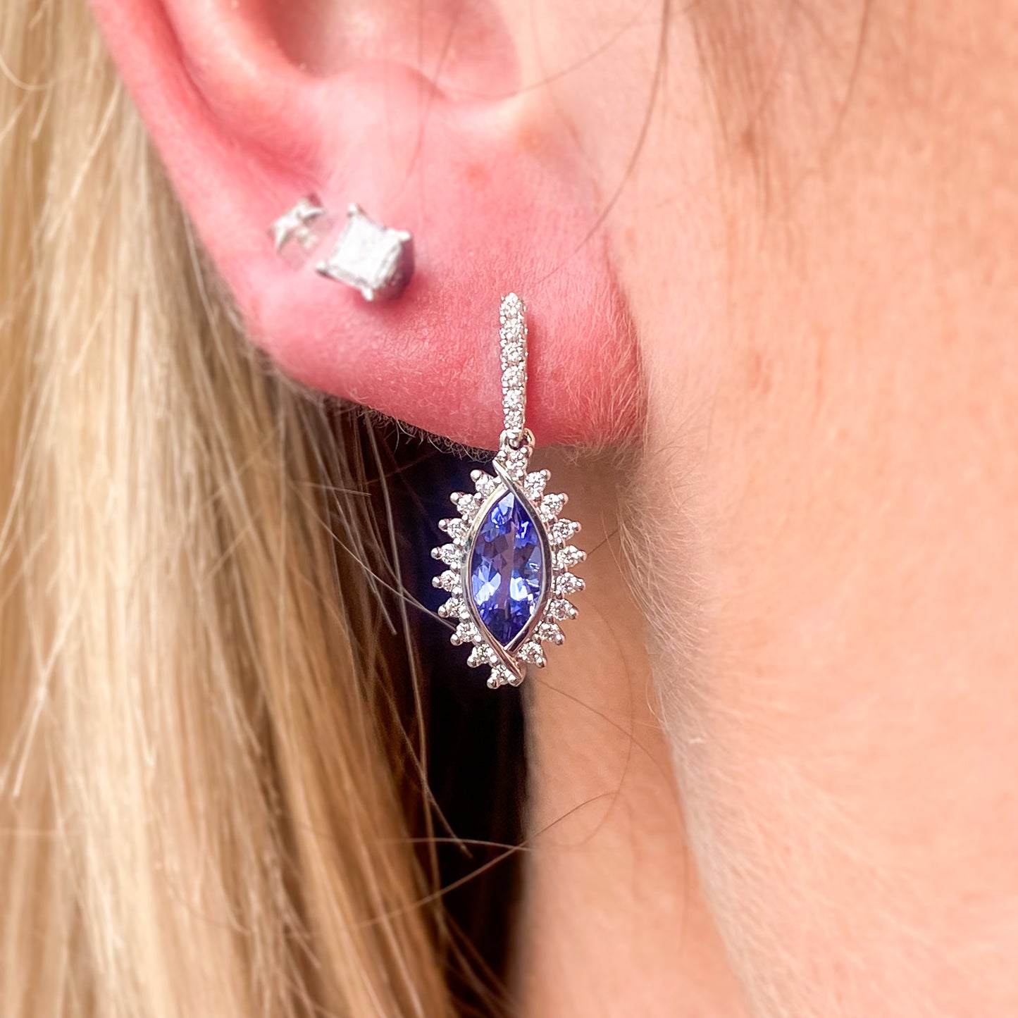 18ct White Gold Tanzanite & Diamond Drop Earrings | 0.40ct - John Ross Jewellers