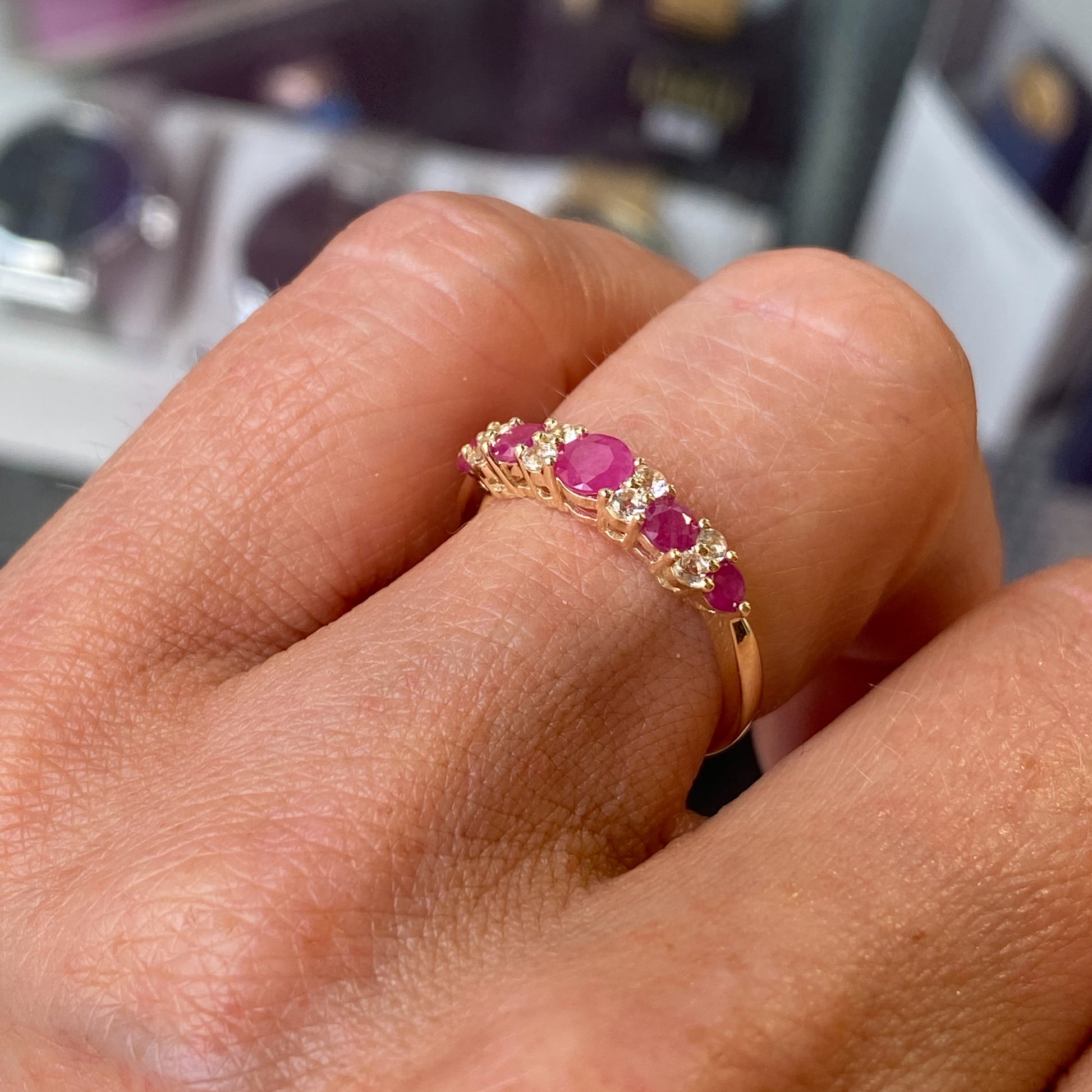 9ct Gold Graduated Eternity Ring - Ruby & White Topaz - John Ross Jewellers