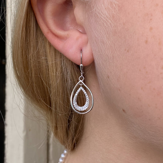 Silver CZ Floating Pear Outline Drop Earrings - John Ross Jewellers