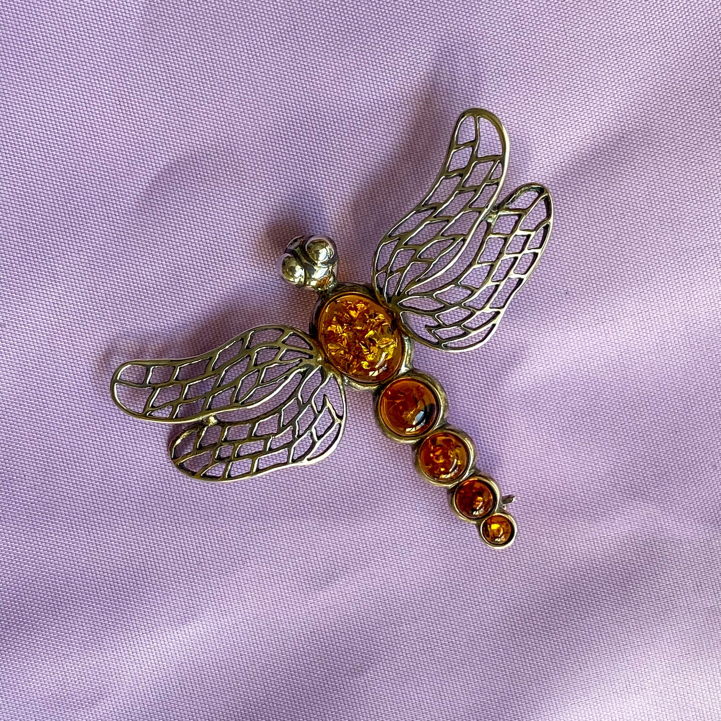Silver Cognac Amber Dragonfly Brooch - John Ross Jewellers