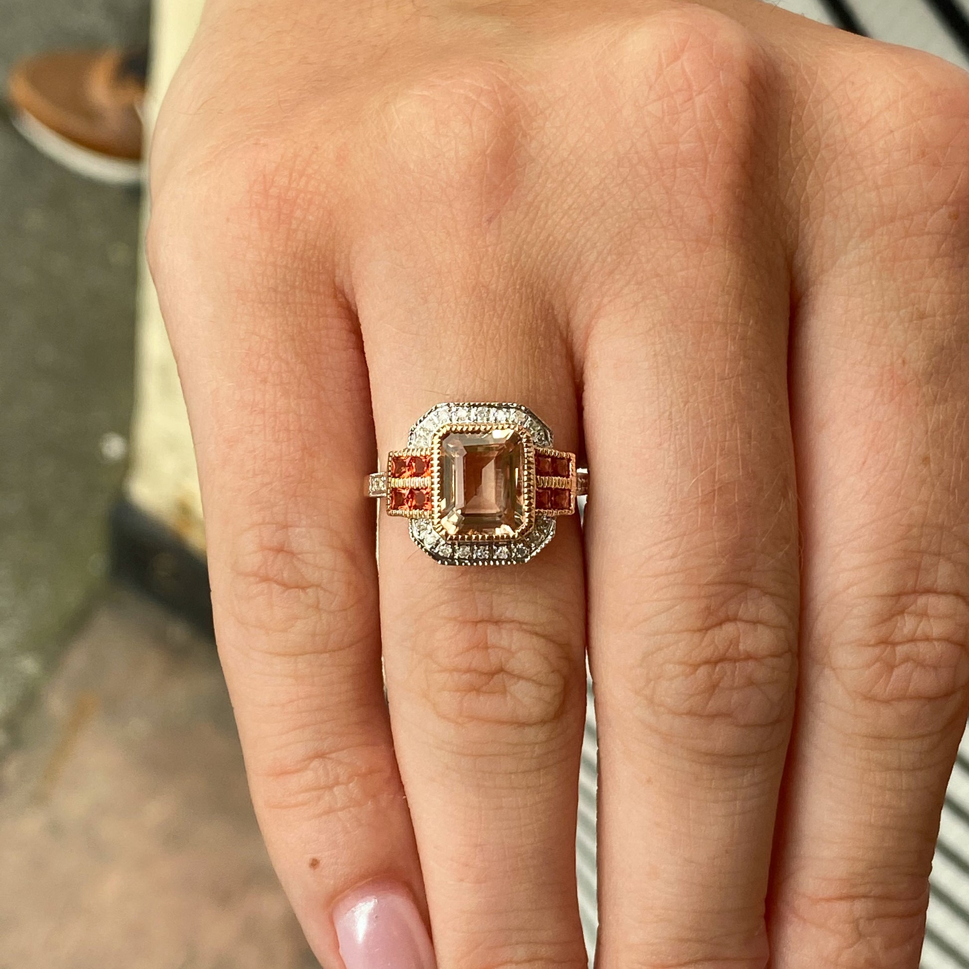 9ct Rose Gold Morganite, Orange Sapphire & Diamond Ring - John Ross Jewellers