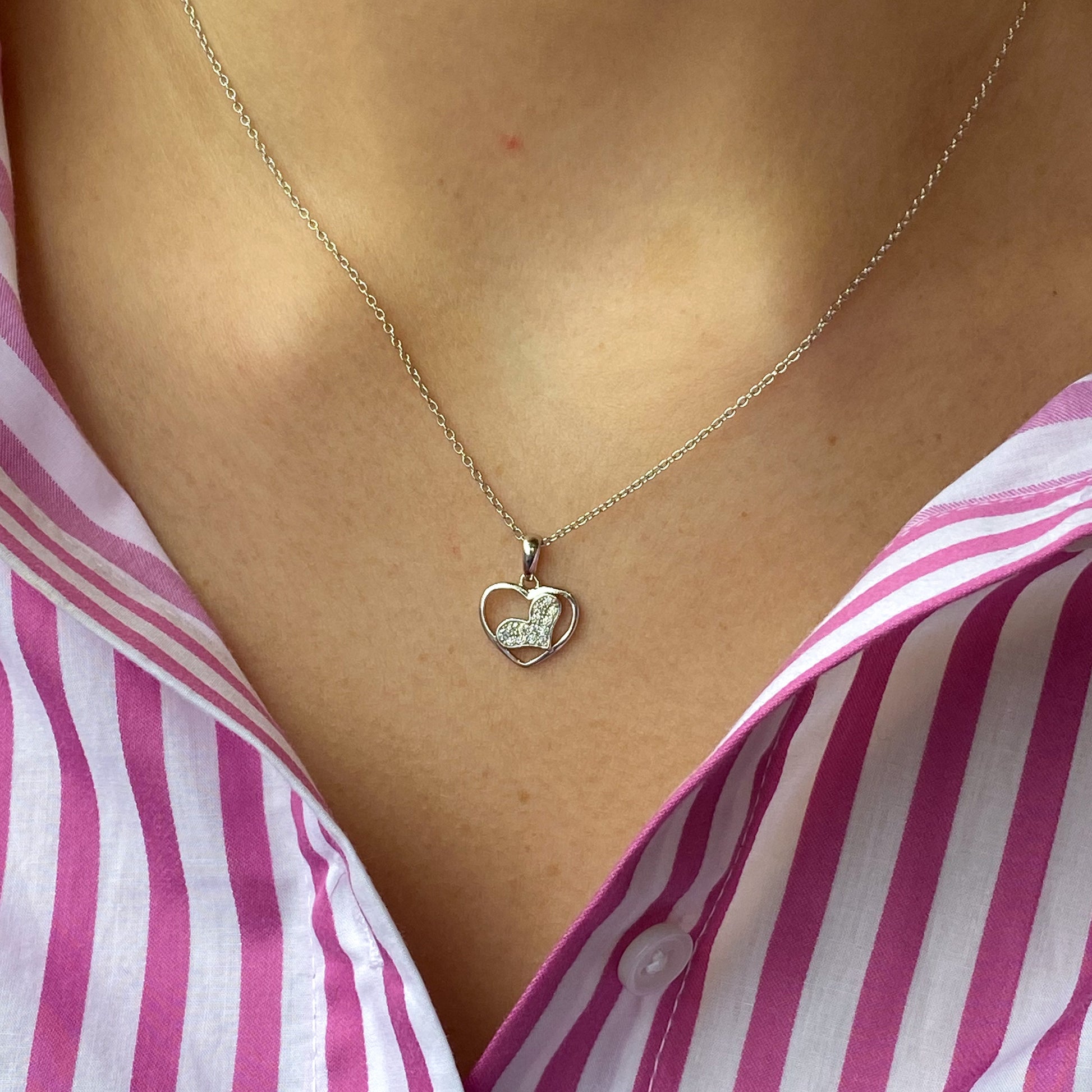 Silver CZ Two Hearts Necklace - John Ross Jewellers
