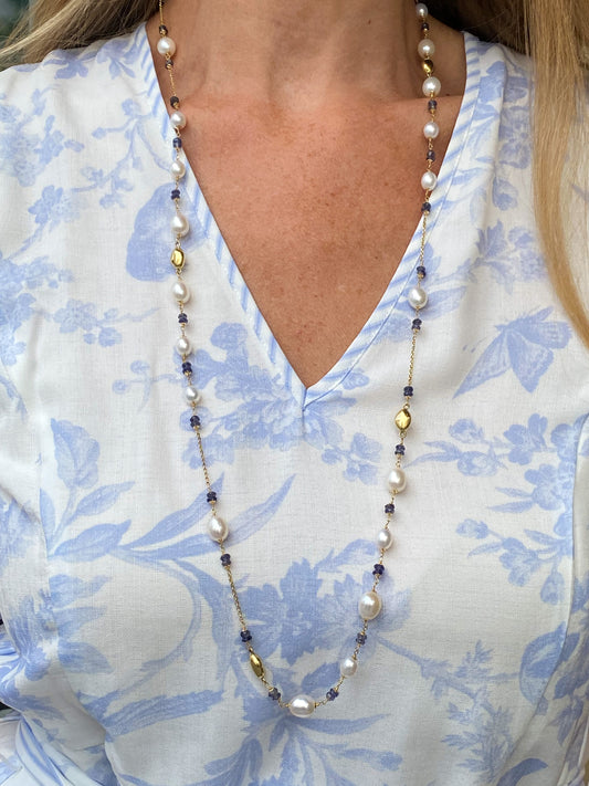 18ct Gold Pearl & Blue Gemstone Long Necklace - John Ross Jewellers
