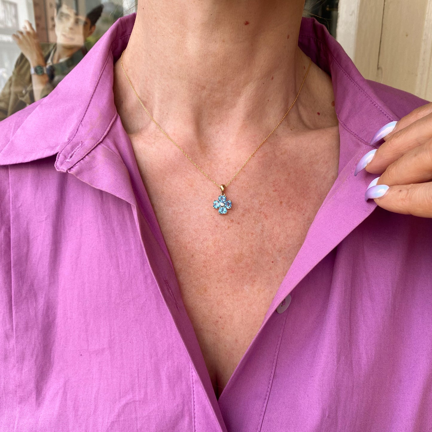 9ct Gold Blue Topaz & Diamond Quatrefoil Necklace - John Ross Jewellers