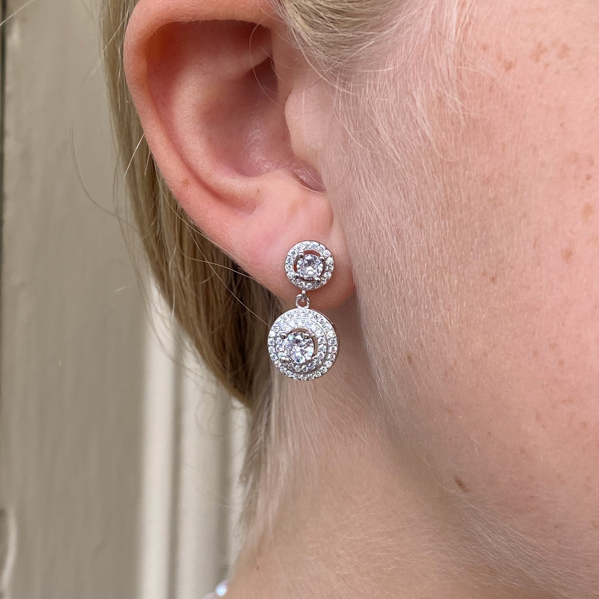 Silver CZ Double Round Halo Drop Earrings - Main Image