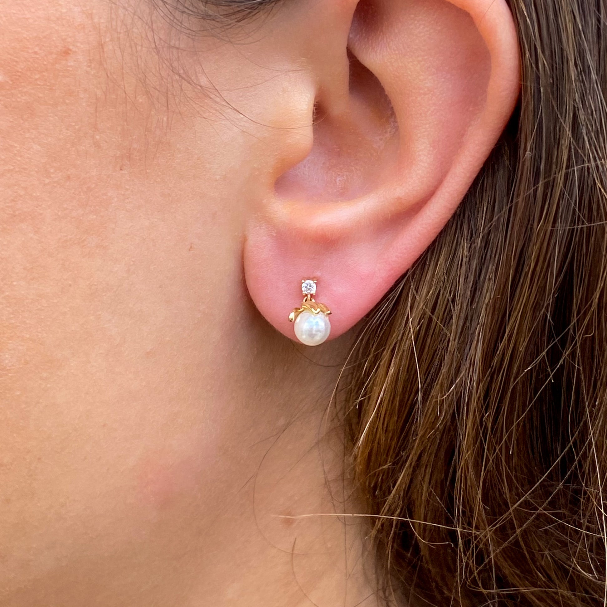 14ct Gold Camellia Pearl & CZ Drop Earrings - John Ross Jewellers